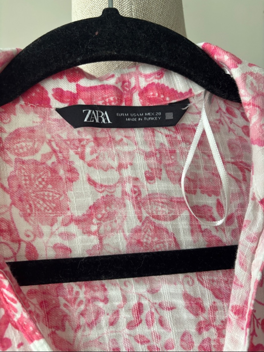 Zara Dress Womens Medium Pink White Floral V-Neck Tiered Tunic Ballon Sleeve - Picture 4 of 7